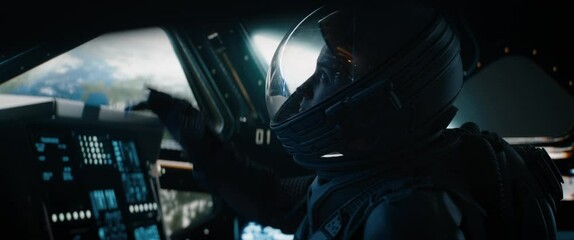 Wall Mural - portrait of caucasian male astronaut inside spaceship cockpit. sci-fi space exploration concept. sho