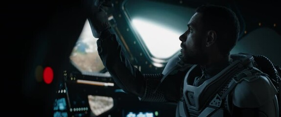 Wall Mural - cu portrait of african american black male astronaut inside spaceship cockpit. sci-fi space explorat