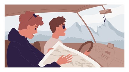 Wall Mural - Happy people traveling together by car and looking for route in map. Male friends on their mountain trip with landscape on background. Colored flat cartoon vector illustration of man driving auto