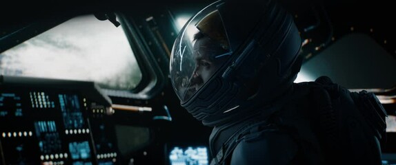 Wall Mural - portrait of caucasian male astronaut inside spaceship cockpit. sci-fi space exploration concept. sho