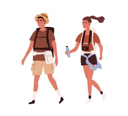 Wall Mural - young active couple traveling together with backpacks on summer holidays. happy tourists walking wit