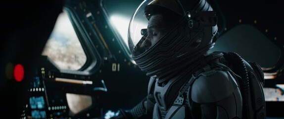 cu portrait of african american black male astronaut inside spaceship cockpit. sci-fi space explorat