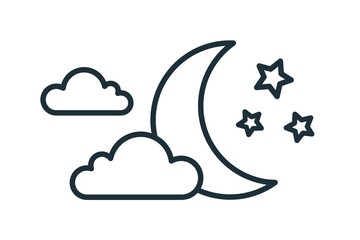 Poster - Simple weather icon with half moon or waning crescent with stars in cloudy sky. Symbol of night time in line art style. Linear flat vector illustration isolated on white background
