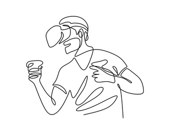 Wall Mural - Continuous line drawing of man in VR glasses, holding motion controller. A male playing virtual games hand drawn line art doodle minimalist design. Technology, device, gaming, future, visual theme