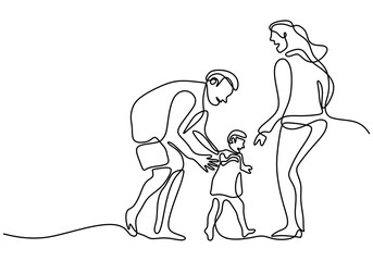 Continuous one line drawing of happy family father, mother and their child playing together at home field isolated on white background. Happy family parenting concept. Vector illustration