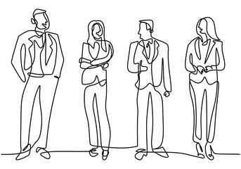 Wall Mural - Continuous line drawing of business people standing with gentle and confident pose. Character professional office workers team. Vector illustration simplicity style of businessman and businesswoman.