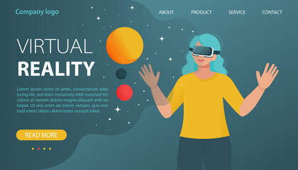 Woman usings a virtual reality VR headset. Vector illustration in flat style for web site, landing page, banner or others