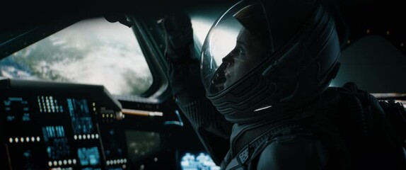 portrait of caucasian male astronaut inside spaceship cockpit. sci-fi space exploration concept. sho
