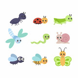 Fototapeta Pokój dzieciecy - A set with cute insects for a children's book. Small characters with big eyes. Vector illustration in the cartoon style.