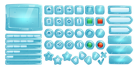 Poster - Ice buttons for ui game, gui elements isolated on white background. Vector cartoon kit of blue frozen banners, menu buttons with signs, arrows and progress bar for mobile game