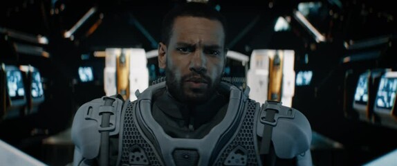 Wall Mural - pov black african american male astronaut having remote video call inside spaceship cockpit. sci-fi 