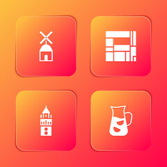 Sticker - Set Windmill, House Edificio Mirador, Giralda and Sangria icon. Vector.