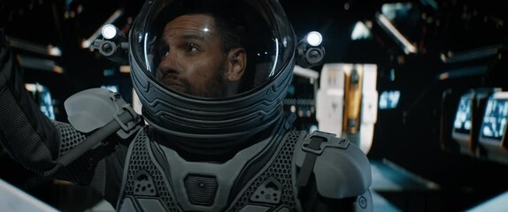 Wall Mural - pov black african american male astronaut having remote video call inside spaceship cockpit. sci-fi 