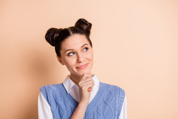 Sticker - Photo of pretty thoughtful young girl dressed knitted waistcoat arm chin looking empty space isolated beige color background