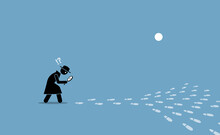 Detective Having Problem Searching For The Source Of Location With Scattered Footprints. Vector Illustration Concept Of Ambiguity, Confusion, Issue Pin Pointing Direction, Elusive, And Unclear.