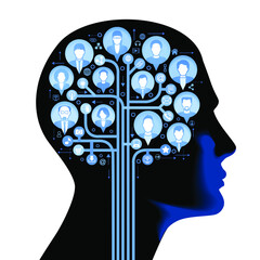 Poster - The concept of a person immersed in a social network. Silhouette of a person's head with icons of people. The brain is in the form of a computer network.