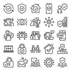 Poster - Security line icons. Cyber lock, password, unlock. Guard, shield, home security system icons. Eye access, electronic check, firewall. Internet protection, laptop password. Line icon set. Vector