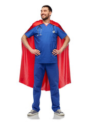 Poster - healthcare, profession and medicine concept - happy smiling doctor or male nurse in blue uniform and red superhero cape with stethoscope over white background