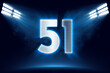 Number 51 background, 3D 51 object made of metal, illuminated with floodlights