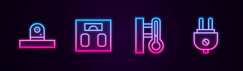 Wall Mural - Set line Security camera, Bathroom scales, Meteorology thermometer and Electric plug. Glowing neon icon. Vector.