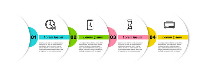 Set line Clock delete, Alarm clock app mobile, Old hourglass and Digital alarm. Business infographic template. Vector.