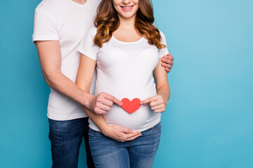 Poster - Cropped photo of young lovely happy couple family holding heart wait baby isolated on blue color background