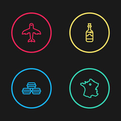 Sticker - Set line Macaron cookie, Map of France, Bottles wine and Plane icon. Vector.