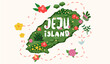 Welcome to Jeju island in South Korea, traditional landmarks, symbols, popular place for visiting tourists, jeju green tropical island with water travel. Korean land with traditional attractions