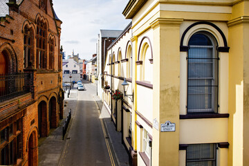 derry, north ireland. aerial view of derry londonderry city center in northern ireland, uk. sunny da