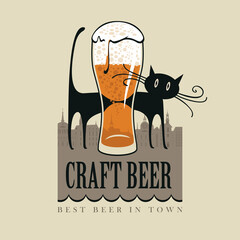 Wall Mural - Vector banner for craft beer with an overflowing glass of frothy beer and a funny black cat on the background of old town in a retro style and with words Craft beer. Best beer in town