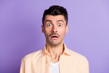 Sticker - Photo of frightened horrified guy staring open mouth wear beige shirt isolated violet color background