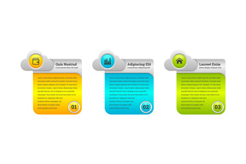 Poster - Cloud combined with rectangle for business infographics and diagram, vector art and illustration. Three steps use grey color combined with yellow, green an blue colors.