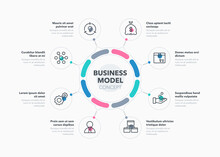 Simple Concept For Business Model Diagram With Eight Steps And Place For Your Description. Flat Infographic Design Template For Website Or Presentation.