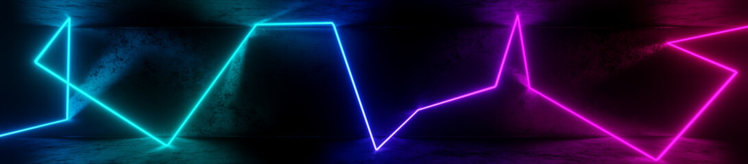 Wall Mural - 3d render, abstract panoramic background with iridescent neon lights