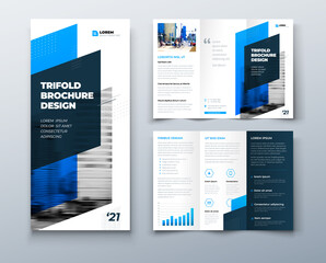 Wall Mural - Tri fold blue brochure design with square shapes, corporate business template for tri fold flyer. Template is white with a place for photos. Creative concept folded flyer or brochure.