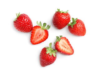 delicious fresh red strawberries on white background, top view