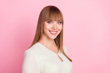 Poster - Profile side view portrait of attractive cheerful blond content girl wearing white blouse isolated over pink pastel color background