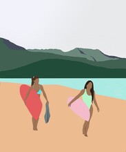 Two Surfers On The Beach Of Hawaii By The Sea. Surf Boards, Bikini And One Piece Swimsuit. Sporty Girls Go Surf. Digital Art Poster For Travel Souls.