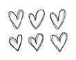 Doodle set of black and white pencil drawing objects. Hand drawn abstract illustration grunge elements. Vector abstract hearts for design use.