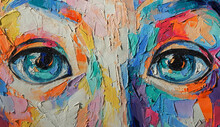 Oil Portrait Painting In Multicolored Tones. Abstract Picture Of A Beautiful Girl. Conceptual Closeup Of An Oil Painting And Palette Knife On Canvas.