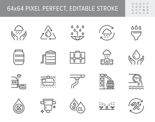 Rainwater harvesting line icons. Vector illustration include icon - barrel, stainless steel reservoir, liquid drainage outline pictogram for water recycling. 64x64 Pixel Perfect, Editable Stroke