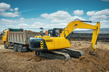 Wall Mural - A large construction excavator of yellow color on the construction site in a quarry for quarrying. Industrial image