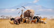 Leinwandbild Motiv Group of many African animals giraffe, lion, elephant, monkey and others stand together in with Kilimanjaro mountain on background