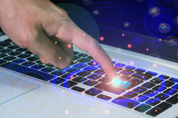 Wall Mural - businessmen are entering the enter key to communicate a business venture deal.they have to enter a s