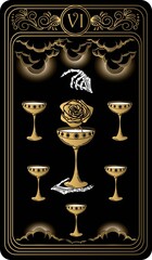 Wall Mural - Six of cups. Card of Minor arcana black and gold tarot cards. Tarot deck. Vector hand drawn illustration with skull, occult, mystical and esoteric symbols.