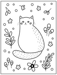 Wall Mural - Spring coloring page for children. Cute cartoon cat with flowers and leaves. Hand drawn outline vector illustration.