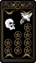Nine Of Pentacles. Card Of Minor Arcana Black And Gold Tarot Cards. Tarot Deck. Vector Hand Drawn Illustration With Scull, Occult, Mystical And Esoteric Symbols.