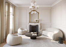3d Rendering Of An Elegant Chic Luxury Paris Apartment Living Room With Kidney Shaped Sofa And A Classic Fireplace