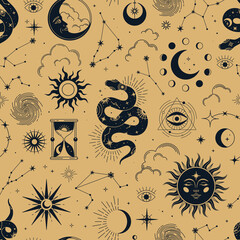 vector magic seamless pattern with constellations, snakes, sun, moon, magic eyes, clouds and stars. 