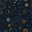 © Valedi  - Vector magic seamless pattern with constellations, sun, moon, magic eyes, clouds and stars. Mystical esoteric background for design of fabric, packaging, astrology, phone case, yoga mat, notebook